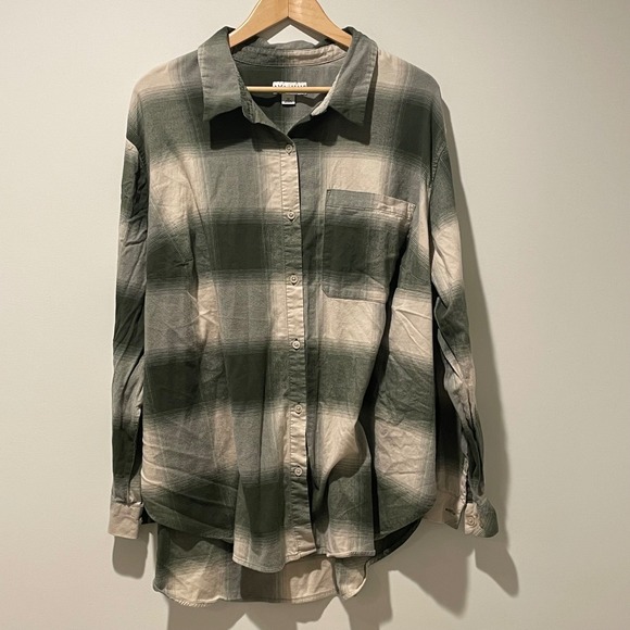 AVA & VIV 2X Plaid Flannel Shirt Long Sleeve Green Beige Button Down - Picture 1 of 4